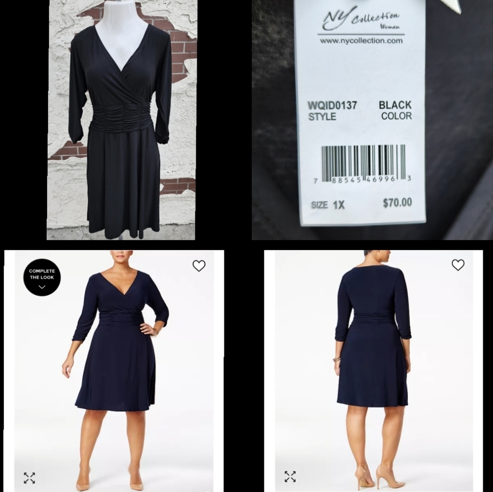 $70 New 1X women NY COLLECTION ruched faux wrap black stretchy dress black